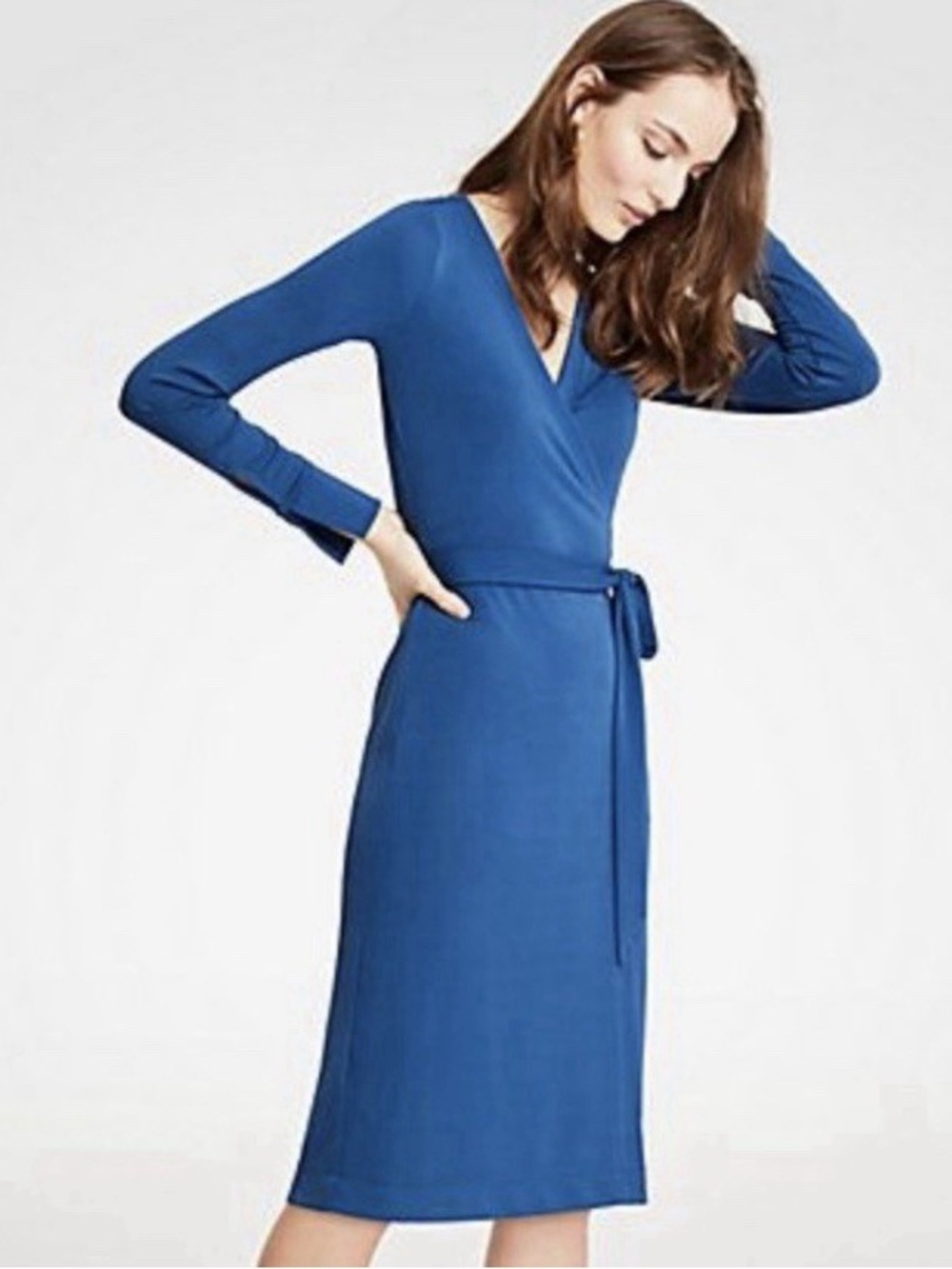 Ann Taylor Blue Wrap Midi Dress Size 6 Tie Waist Long Sleeve Work Office Small